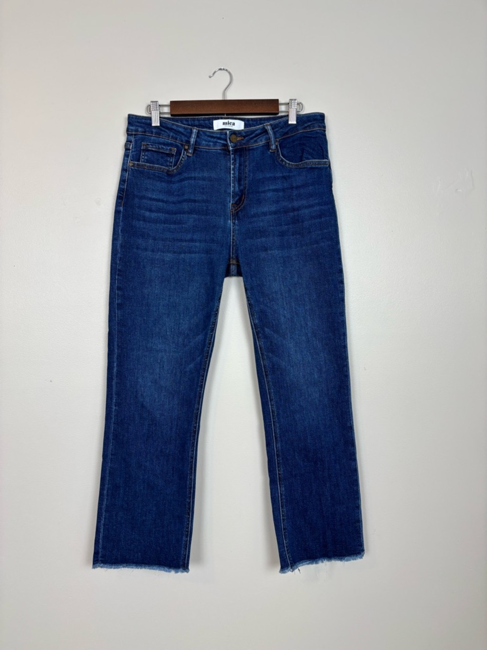 Mica Denim Jeans Womens 29 Mid Rise Straight Leg Raw Hem in Dark Blue